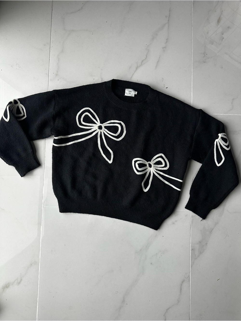 Luna Ivy Black White Bow Sweater Cropped Knit Coquette Knit Style Medium